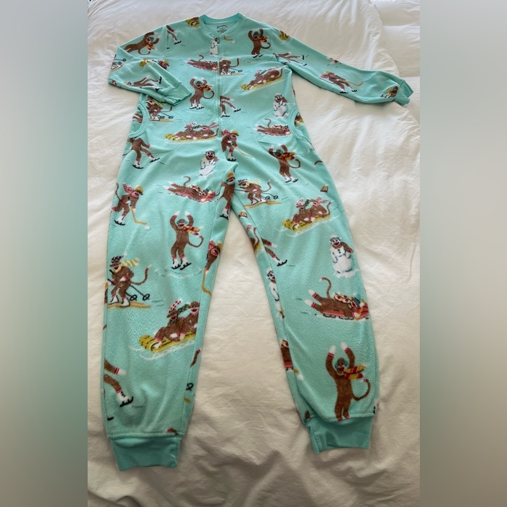 Nick & Nora | Women’s SZ S | Pajamas Aqua Skiing Sock Monkeys One Piece Fleece